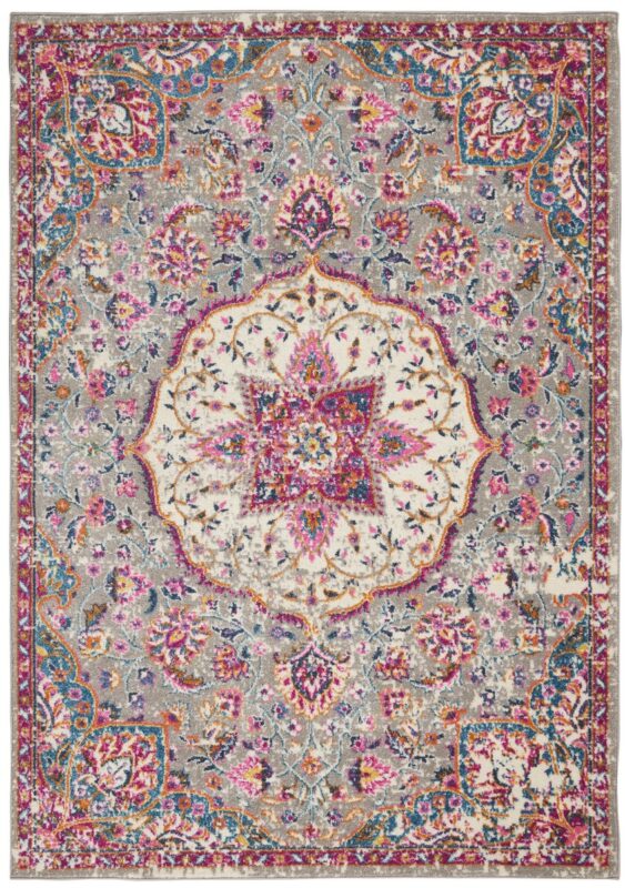Indoor Poly Cotton Blend Persian Oriental Traditional Pink Grey PSN22 GRYMT Machine Made